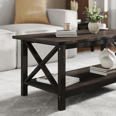 Dark Gray Solid Wood Farmhouse Coffee Table with Lower Shelf