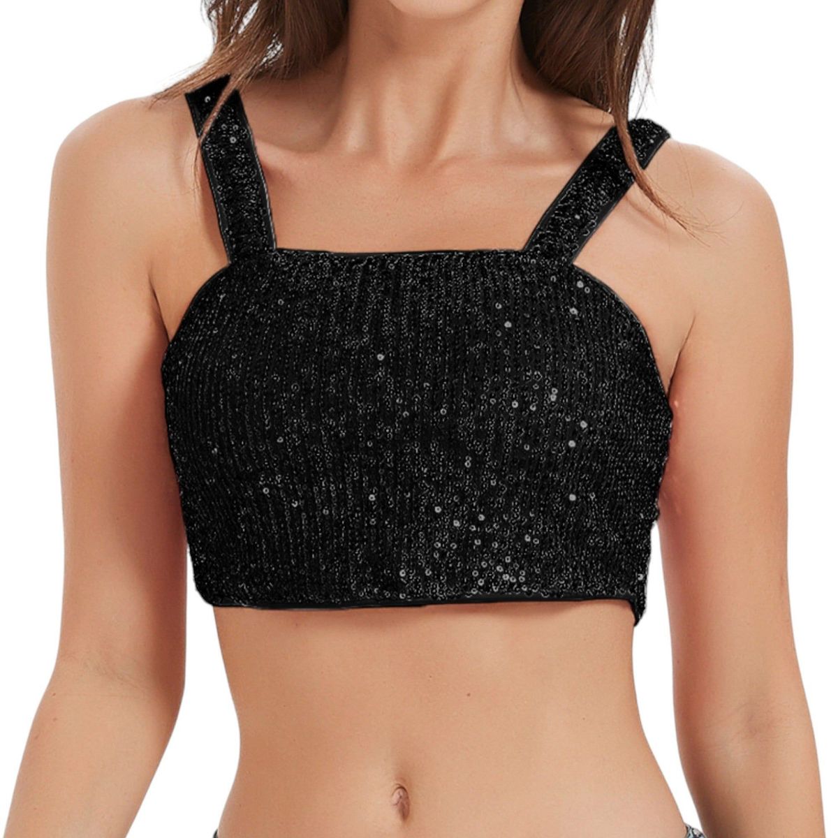 Anna-Kaci Women's Stretchy Sequins Crop Top Square Neck Wide Sparkling Tube Tops