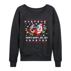Women's - Ren & Stimpy - Happy Happy Joy Joy Lightweight French Terry Wide Neck Long Sleeve Shirt - 1 of 4