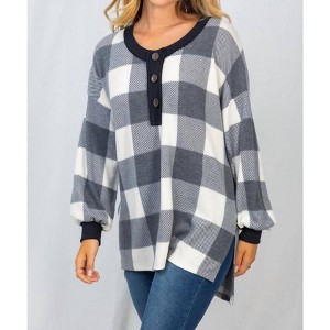 Women's Buffalo Plaid Knit Top - White Birch - 1 of 2