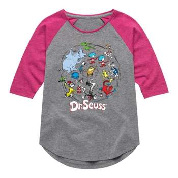 Girls' Dr. Seuss Pattern Three Quarter Sleeve Raglan Graphic T-Shirt - Heather Gray/Fuchsia Pink