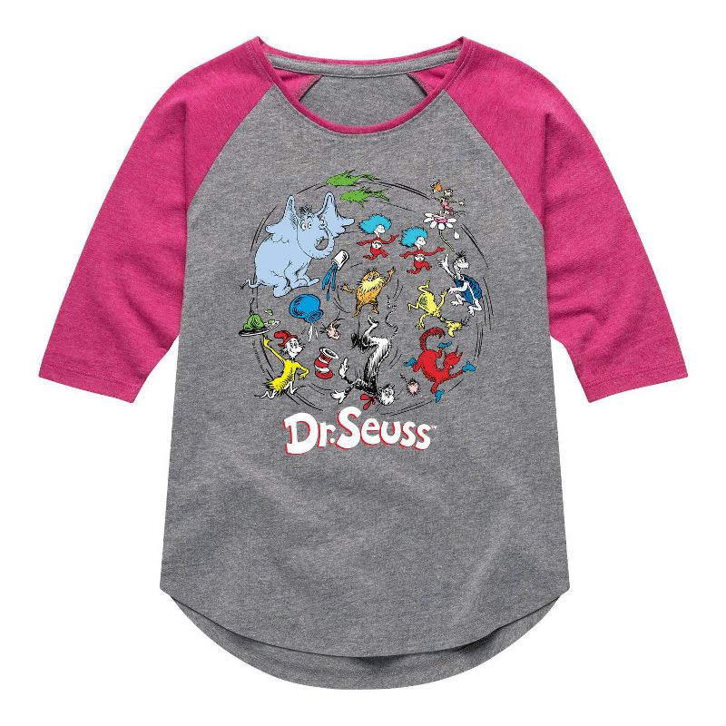 Girls' Dr. Seuss Pattern Three Quarter Sleeve Raglan Graphic T-Shirt - Heather Gray/Fuchsia Pink, 1 of 2