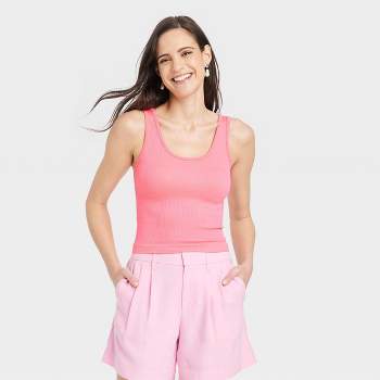 Women's Slim Fit Ribbed High Neck Tank Top - A New Day™ Pink M