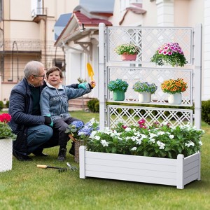 Lyngins 61.7" Raised Garden Bed with Trellis & 78L Capacity, Includes Water Storage,Plant Box for Vegetables,Flowers,Gray White - 1 of 4