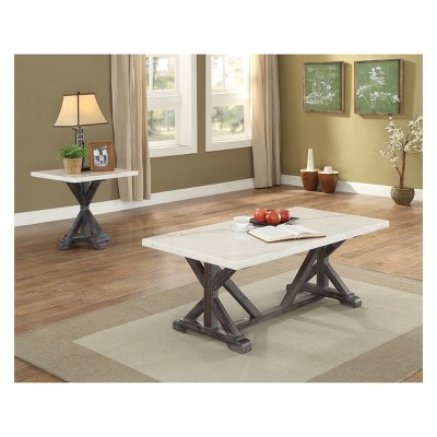 Romina Weathered Espresso Pine Wood & White Marble End Table
