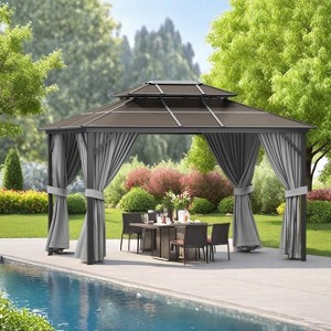 10' x 10' Aluminum Hardtop Gazebo with Galvanized Steel Double Roof Canopy, Outdoor Pergola with Curtains and Netting for Patio Backyard Deck, Grey - 1 of 4