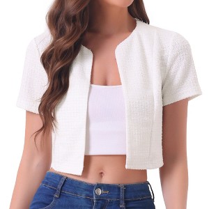 Allegra K Women's Vintage Open Front Short Sleeve Crop Tweed Cardigan - 1 of 4