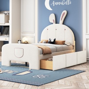 NicBex Twin/Full Velvet Upholstered Bed Frame with Rabbit-Shaped Headboard,Platform Bed Frame with 3 Drawers,Bed-End Storage Pocket,Easy Assembly - 1 of 4
