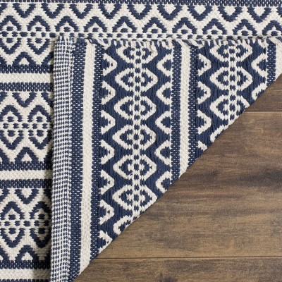 Ivory and Navy Handwoven Cotton Flatweave Area Rug 6' x 9'