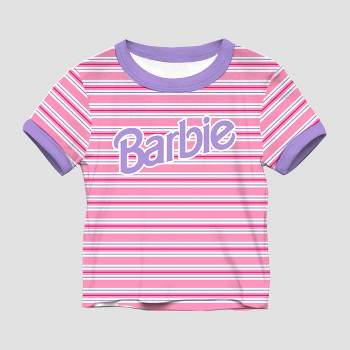 Girls' Barbie Striped Baby Short Sleeve Graphic T-Shirt - Purple/Pink