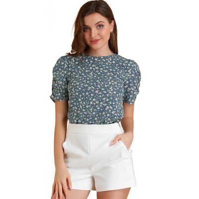 Buy LEYT Shirred Floral Blouse, Ruffle Hem Round Neck Slim Tunic Short  Sleeved Crewneck Shirred Blouse for Outdoor (M) at