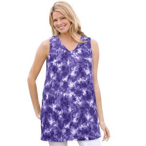 Woman Within Plus Size Perfect Printed Sleeveless Shirred V-Neck Tunic - 1 of 4