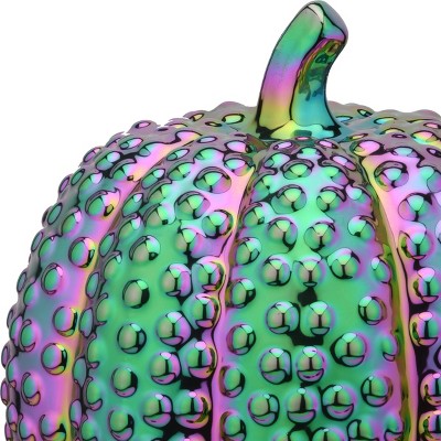 10.2" Iridescent Green and Purple Ceramic Pumpkin Decor