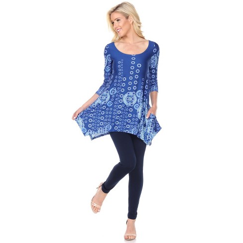 Women's 3/4 Sleeve Printed Rella Tunic Top With Pockets Blue Small