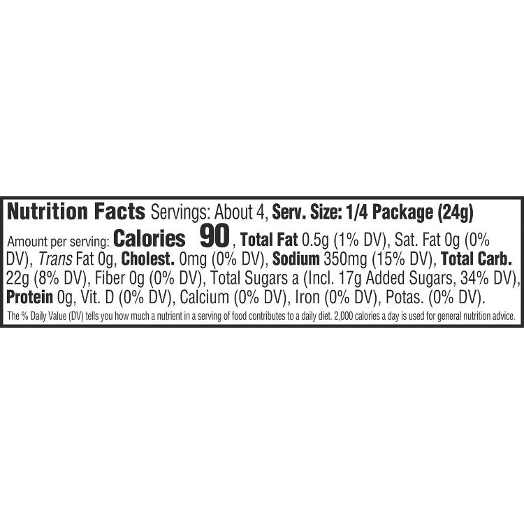 Nutrition facts label showing 90 calories per serving, with details on fat, sodium, carbohydrates, sugars, and other nutrients.
