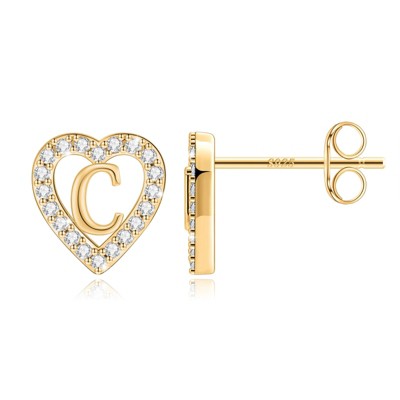 Turandoss Heart Initial Stud Earrings - Gifts for Girls, Sterling Silver Post 14K GoTurandossld Plated All Over Hypoallergenic