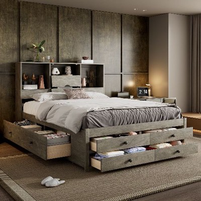 CAVINAS Queen Size Bed Frame, Platform Bed with Storage Headboard and 8 Drawers, Storage Beds with Headboards