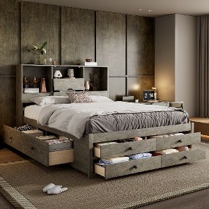 CAVINAS Queen Size Bed Frame, Platform Bed with Storage Headboard and 8 Drawers, Storage Beds with Headboards - 1 of 4