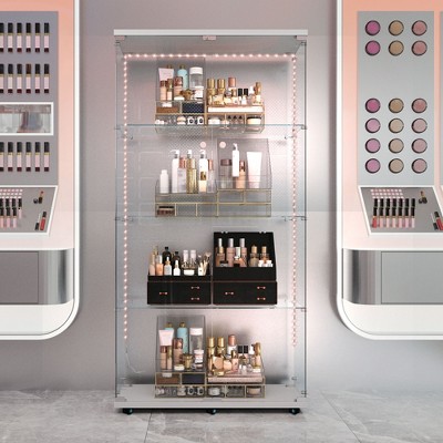 VYNXARIA Tempered Glass Display Cabinet,Storage Cabinet,Door Locks,Adjustable Feet for Uneven Ground,White