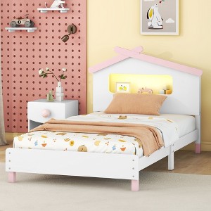 Twin/Full Size Wood Platform Bed with House-Shaped Headboard and Motion Activated Night Lights - ModernLuxe - 1 of 4