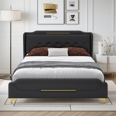 Grungis Wingback Bed Frame with Headboard & Footboard,PU Leather Upholstered Platform Bed with Gold Metal Decor,No Box Spring Needed