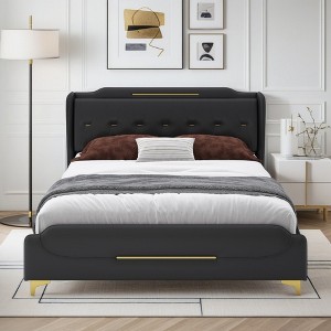 Grungis Wingback Bed Frame with Headboard & Footboard,PU Leather Upholstered Platform Bed with Gold Metal Decor,No Box Spring Needed - 1 of 4