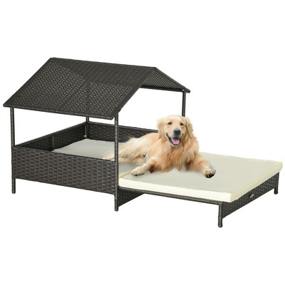 Pawhut Wicker Dog House Outdoor Extendable Rattan Dog Bed With ...