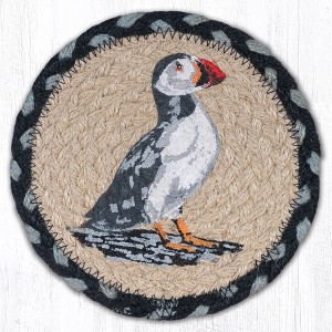 Earth Rugs Puffin Round Coaster – 7"x7" Braided Jute with Hand-Stenciled Puffin Design, Coastal Maine-Inspired Accent - 1 of 3
