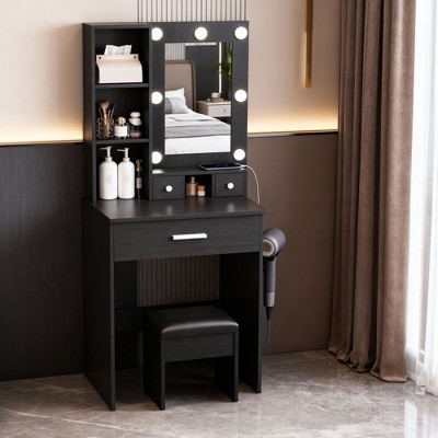 Vanity Table with Mirror & Adjustable LED Lights, Power Outlet, Hairdryer Holder & Stool – Compact Dressing Desk for Small Bedrooms(Black)