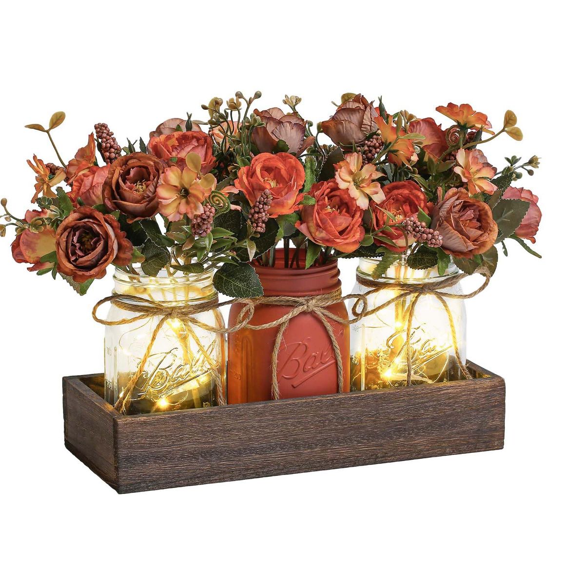 3 PCS Mason Jar Centerpiece for Table with Artificial Flowers, Coffee Table Decor with Wood Tray, Summer Decoration For Dining Room Kitchen