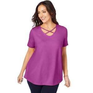Jessica London Women's Plus Size Stretch Cotton Crisscross Strap Tee - 1 of 4