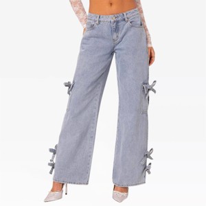 Women's Jeans Mid Rise Bows Denim Pants with Cargo Pockets Trendy Denim Jean Pants Straight Leg Slightly Bootcut Jeans - 1 of 4