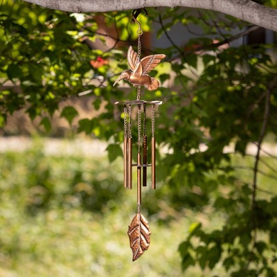 22.5" Bronze Hummingbird Metal Wind Chime with Leaf