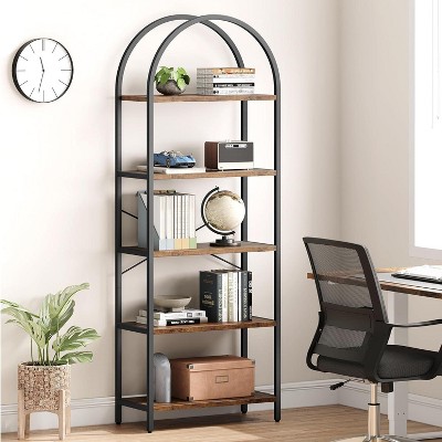Homhougo Arched Bookshelf 5 Tier Tall Bookcase Modern Standing Bookshelves Metal Storage Rack Shelf Wood Book Shelf for Bedroom, Living Room, Brown