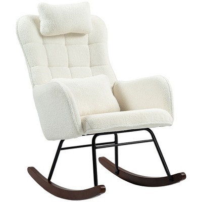 HOMCOM Upholstered Rocking Chair with Headrest and Lumbar Pillow, High-Back Boucle Rocker with Steel Frame for Living Room, Bedroom