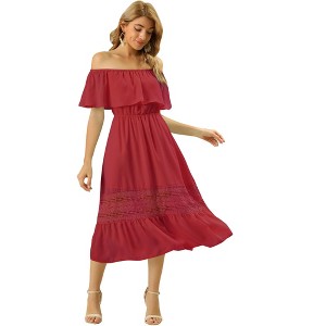 Allegra K Women's Off Shoulder Ruffle Lace Insert High Waist Short Sleeve Flowy Maxi Dress - 1 of 4