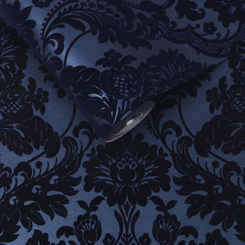 Gothic Damask Flock Cobalt Blue and Black Paste the Wall Wallpaper, 3 of 5