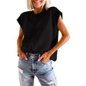 Womens Cap Sleeve Sweater Vest Crew Neck Knit Sleeveless Tank Tops Casual Lightweight Pullover Sweaters - 1 of 4