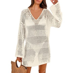 Womens Long Sleeve Summer V Neck Knitted Swimsuits Cover Up Tunic - 1 of 2