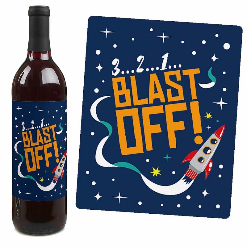 Big Dot of Happiness Blast Off to Outer Space - Rocket Ship Baby Shower Birthday Party Decor for Women & Men - Wine Bottle Label Stickers - Set of 4, 3 of 9
