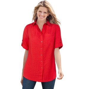 Woman Within Women's Plus Size Short-Sleeve Button Down Seersucker Shirt - 1 of 4