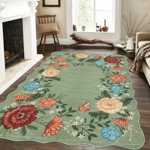 Modern Floral Rug Washable Rug with Non Slip Backing, Low Pile Thin Rug, Indoor Foldable Rug, Soft Aesthetic Printed Rug for Living Room, Bedroom - 1 of 4