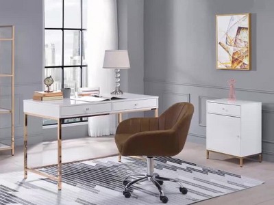 Contemporary White High Gloss 52" Office Desk with Gold Accents