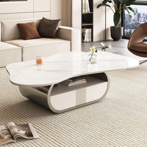 41.7" Modern Oval Coffee Table with Drawer and Open Shelf, White Faux Marble Top and Stainless Steel Base for Living Room-3irtyhousy - 1 of 4