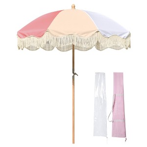 LAGarden Palm Springs 6Ft Patio Fringe Umbrella with Tassel Carry Bag Outdoor Vintage Wood Garden Parasol - 1 of 4