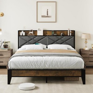 Platform Bed Frame with Faux Leather Upholstery, Adjustable Button-Tufted Headboard, Heavy-Duty Mattress Foundation - 1 of 4