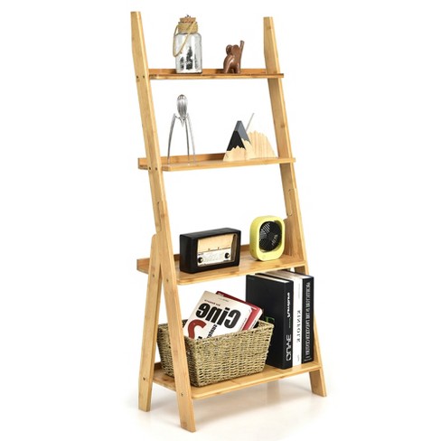 Costway Multifunctional 4 Shelf Bamboo Bookcase Ladder Plant