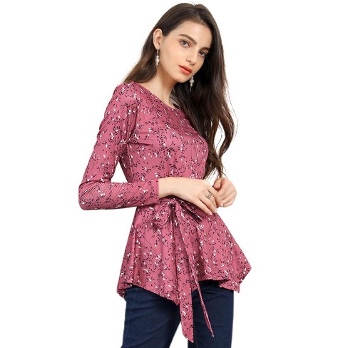 Allegra K Women's Floral Long Sleeve Asymmetrical Ruffle Hem Belted Flare  Peplum Tops Cerise Small