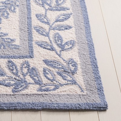 Ivory and Light Blue Hand-Hooked Wool Floral Area Rug, 10' x 14'