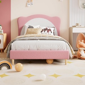 Upholstered Bed Frame for Kids with Scallop Headboard, Cute Velvet Princess Bed for Girls, Wood Slats Support No Box Spring Needed - 1 of 4